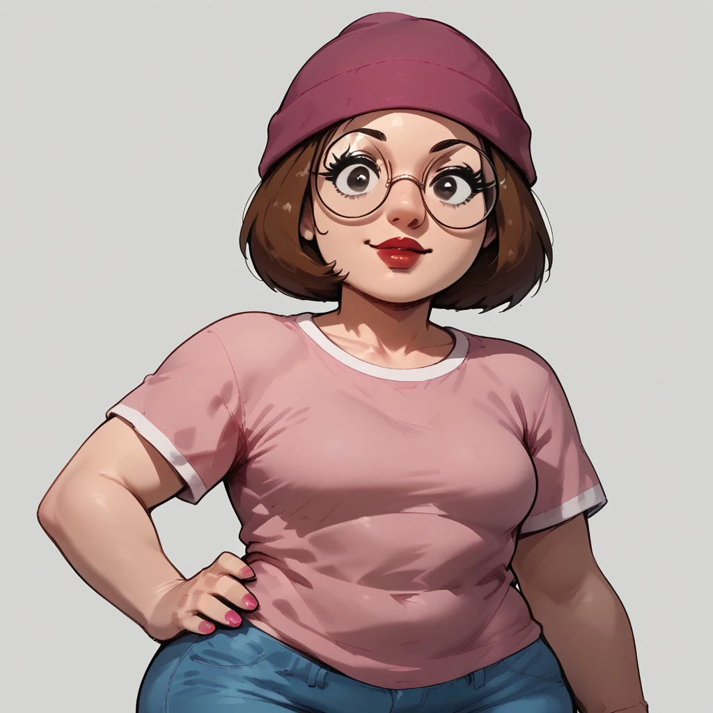 1girl, solo, Meg, score_9, score_8_up, score_7_up, brown hair, shoulder-length hair, red lips, pink nails, eyelashes, round eyewear, black glasses, black eyes, flat color, jeans, beanie, pink shirt, standing, hand on own hip,  looking at viewer, happy, closed mouth, (loose clothing), hips, simple shadows, simple background, grey background, clothed female,