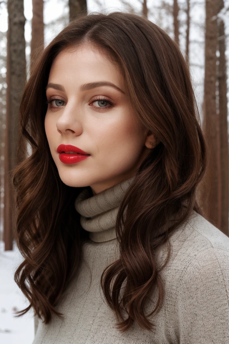 <lora:michelletrach-07:0.6> , michelletrach, a photo of a woman, detailed, high resolution, beautiful, stunning, high quality, best quality, red lipstick, dark brown hair , turtleneck sweater, outdoors, forest, snow, closeup