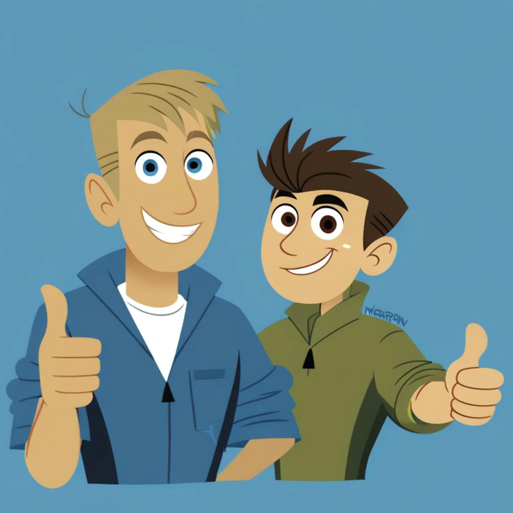 Score_7_up, score_8_up, brothers, different characters, flat color, simple art style, upper body,  
BREAK,
2boys, MartinK, blonde hair, blue shirt, ChrisK, brown hair, green shirt, looking at viewer, (thumbs up:1.2), simple background,