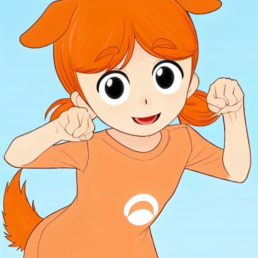 low twintails, orange hair, fake dog ears, fake dog tail, paw pose, dynamic pose, orange shirt with white circle, black eyes, happy, smile, open mouth, looking at viewer