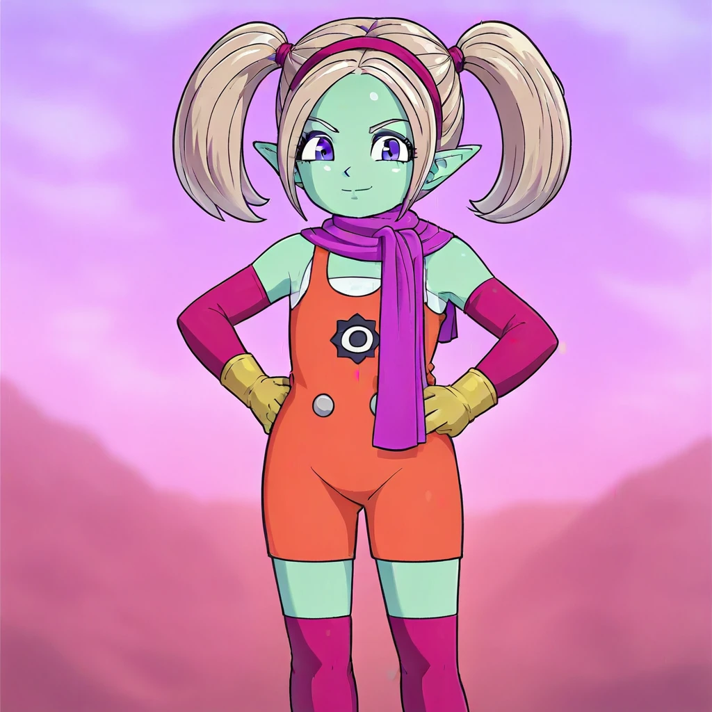 pigtails, beige hair, violet eyes, seafoam green skin, violet eyes, dragon ball style, score_9, score_8_up, score_7_up, panzy, standing, looking at viewer, hands on hips, outdoors, demon world, purple sky