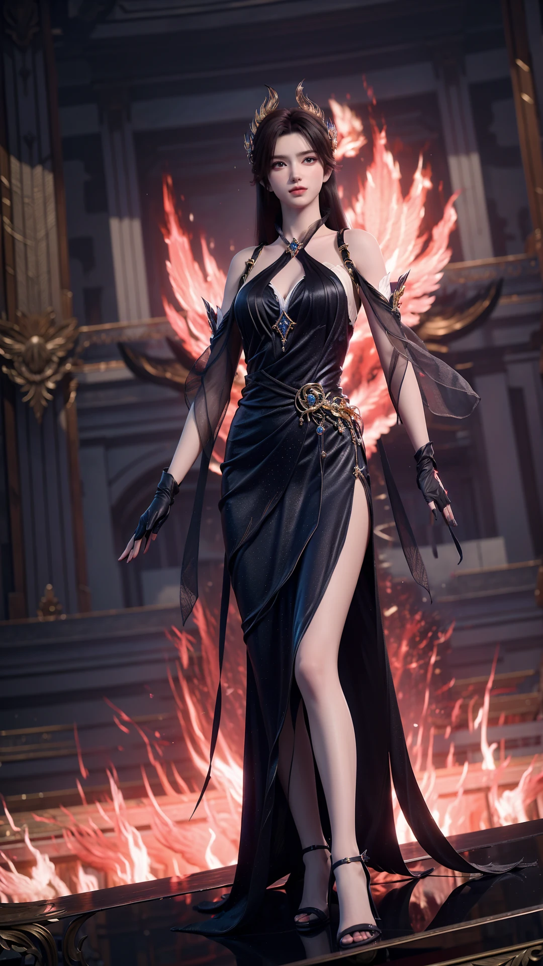 1girl,solo,long hair,black hair,brown eyes,eyelashes,(eyeshadow),makeup,red lips,((hair ornament)),jewelry,blue dress,gloves,high heels,looking at viewer,outdoors,flower field,sakura,magic,(((fire))),(glowing phoenix),((glowing)),full body,depth of field,Highly detailed,(ultra-detailed),(best quality:1.5,masterpiece:1.5),<lora:caoyingv2:0.65>,