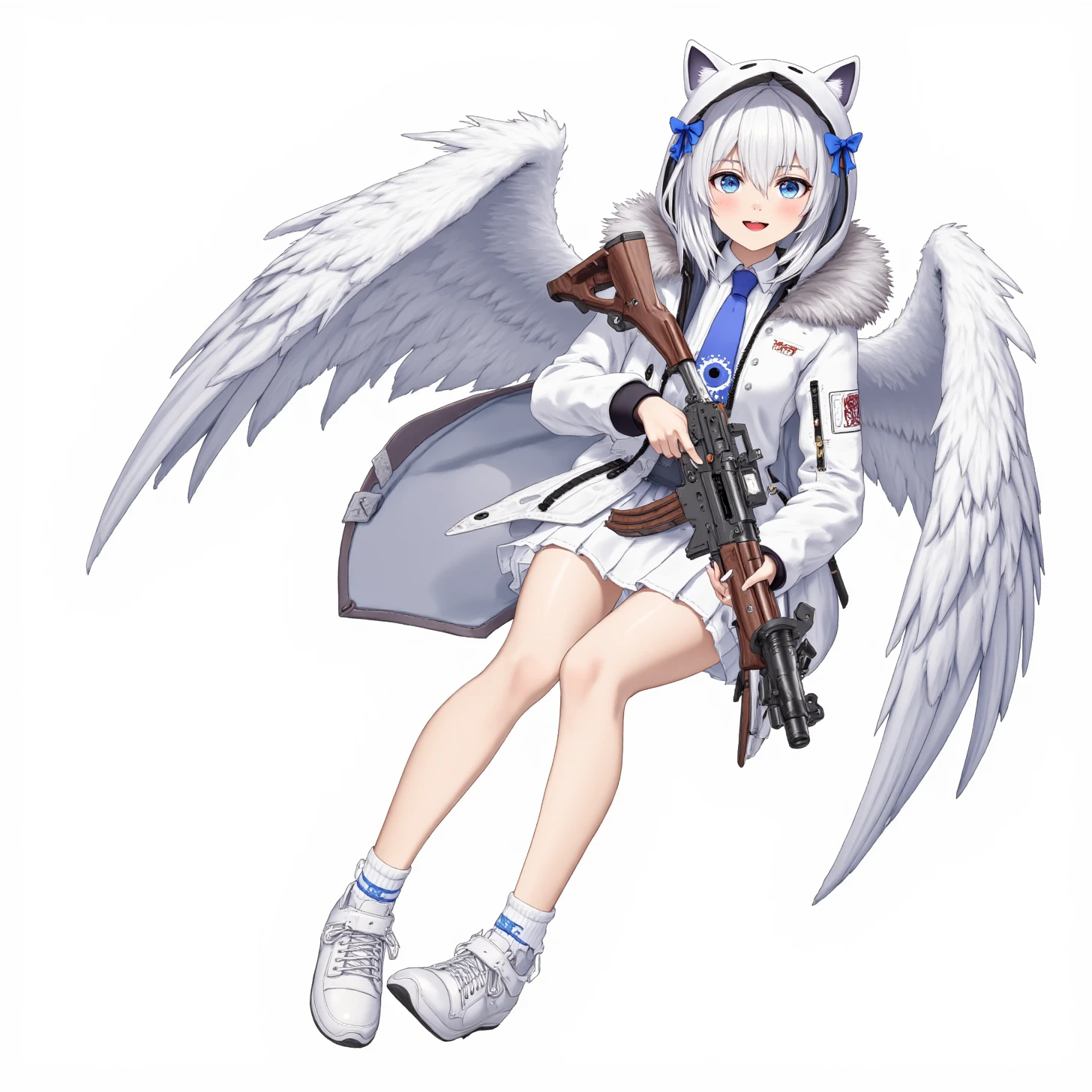 NIKKE, Anne Miracle Fairy cover idle, 1girl, blue eyes, white skirt, shoes, white background, hair ornament, fur trim, smile, holding weapon, simple background, blue bow, white hair, open mouth, hooded jacket, white jacket, wings, fur-trimmed hood, bangs, white footwear, pleated skirt, animal hood, hair between eyes, :d, full body, hood up, fake animal ears, holding gun, blue necktie, sitting, rabbit, zipper, hairclip, socks, white shirt