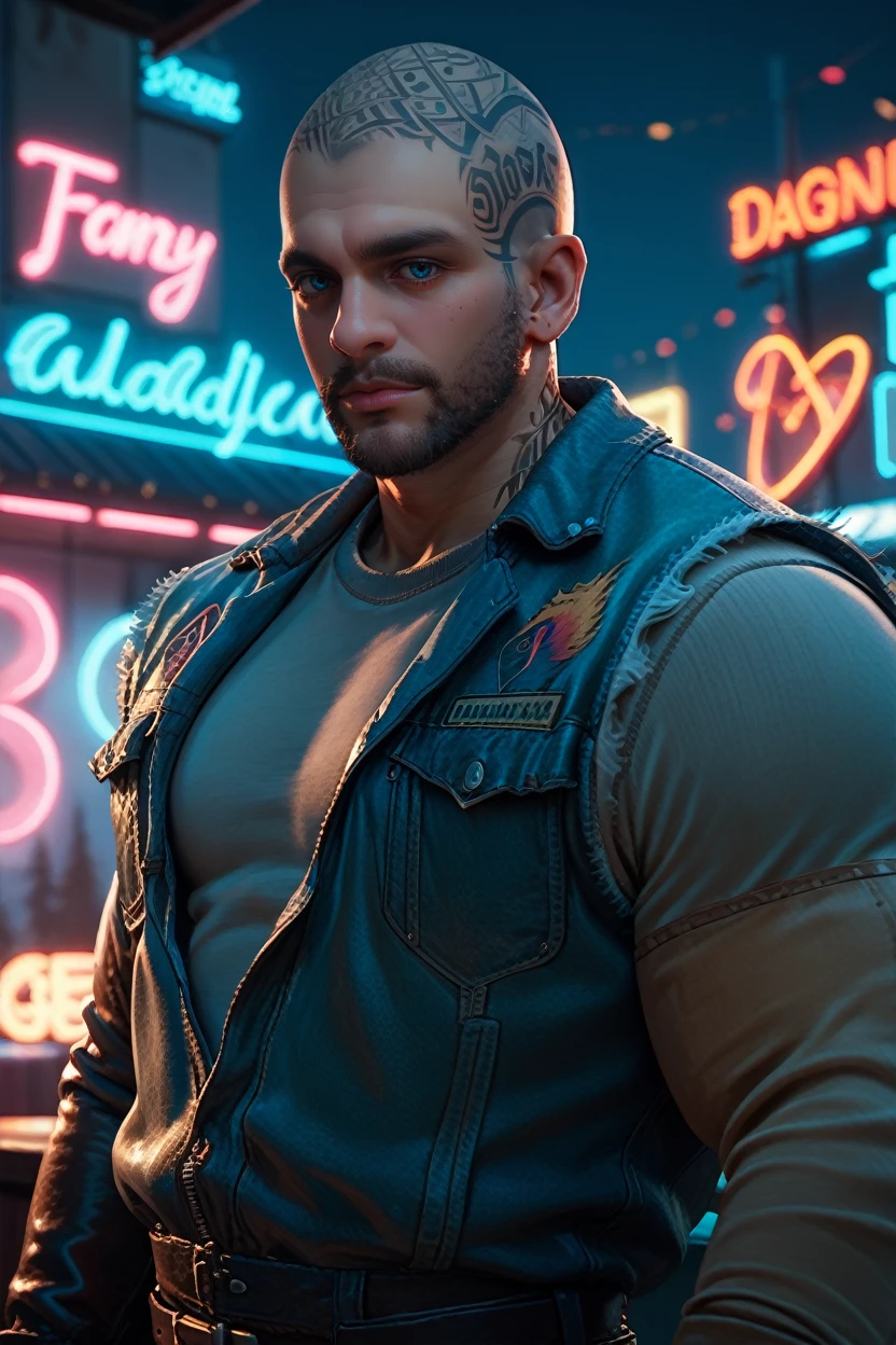 score_9, score_8_up, score_7_up, score_6_up
<lora:DGBoozer:0.8>
DGBoozer, 1boy, bald, blue eyes, beard, tattoo, looking at viewer, at an old-fashioned diner, leaning against the counter, wearing a leather jacket, neon lights reflecting on his face, retro vibe, cool and confident expression