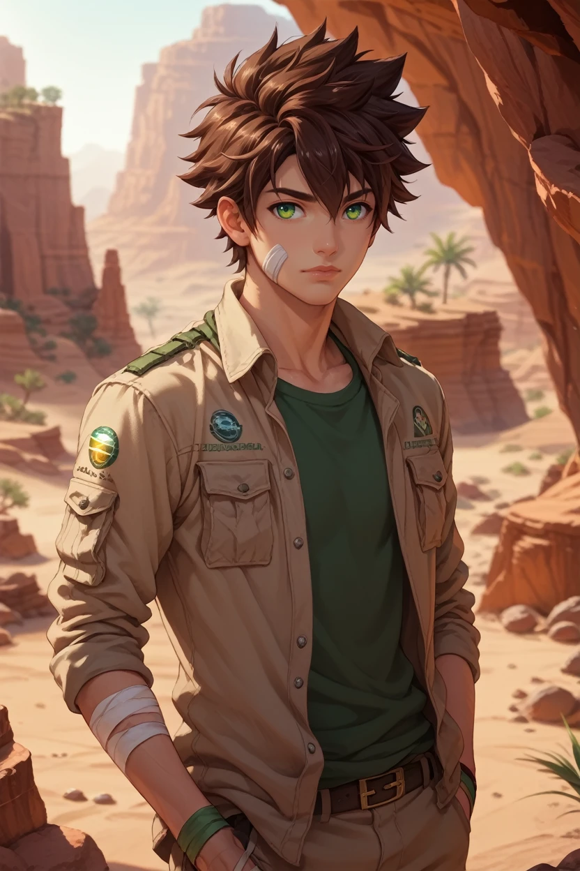 score_9, score_8_up, score_7_up, 
<lora:CBKeitaro:0.8>
CBKeitaro, 1boy, brown hair, short hair, green eyes, bandage, looking at viewer, Desert canyon with dramatic lighting, rugged and grand, Hands in pockets