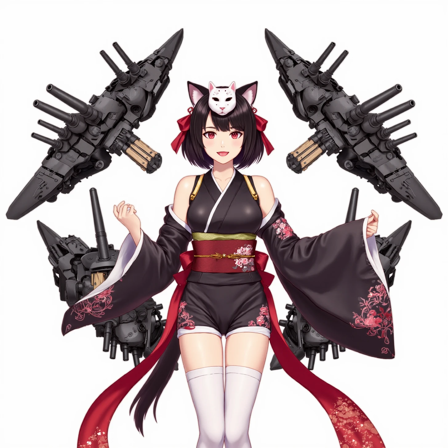 Azure Lane, Yamashiro, 1girl, yamashiro (azur lane), black hair, animal ears, japanese clothes, sideboob, exposed side boob, short hair, mask on head, paw pose, red eyes, black kimono, white thighhighs, cat ears, white background, open mouth, looking at viewer, wide sleeves, fang, simple background, full body, short kimono, red ribbons with bells, surrounded by symmetrical black battleship turrets, white japanese cat mask, black turret, battleship mast, black footwear, blunt bangs, floral print, large breasts, :d, long sleeves, fox mask, smile