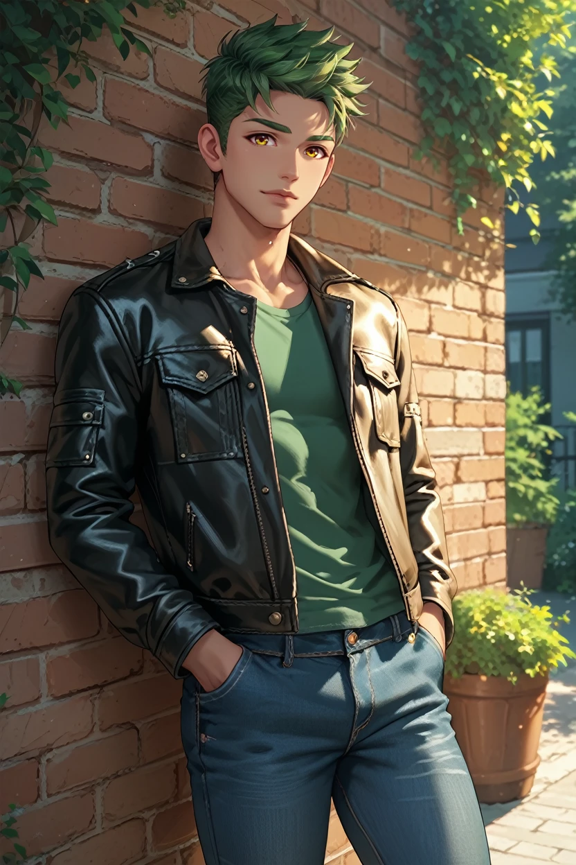 score_9, score_8_up, score_7_up, 
<lora:CBAiden:0.8>
CBAiden, 1boy, green hair, yellow eyes, short hair, tanned, looking at viewer, leaning against wall, outside, leather jacket, jeans, hands in pocket, at night