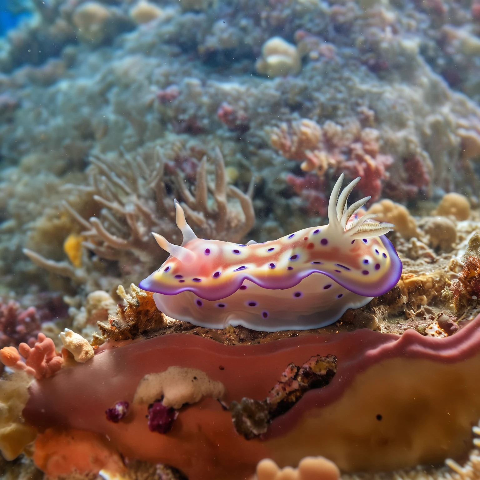 underwater wide shot photo from the side of a goniobranchus kunei at the bottom of the image, the background is a coral reef out of focus, soft light, macro photography, coralline algae, marl, ((water surface)) can be seen above in the background, (light rays:0.7
)
BREAK
intricate detail, vibrant colors