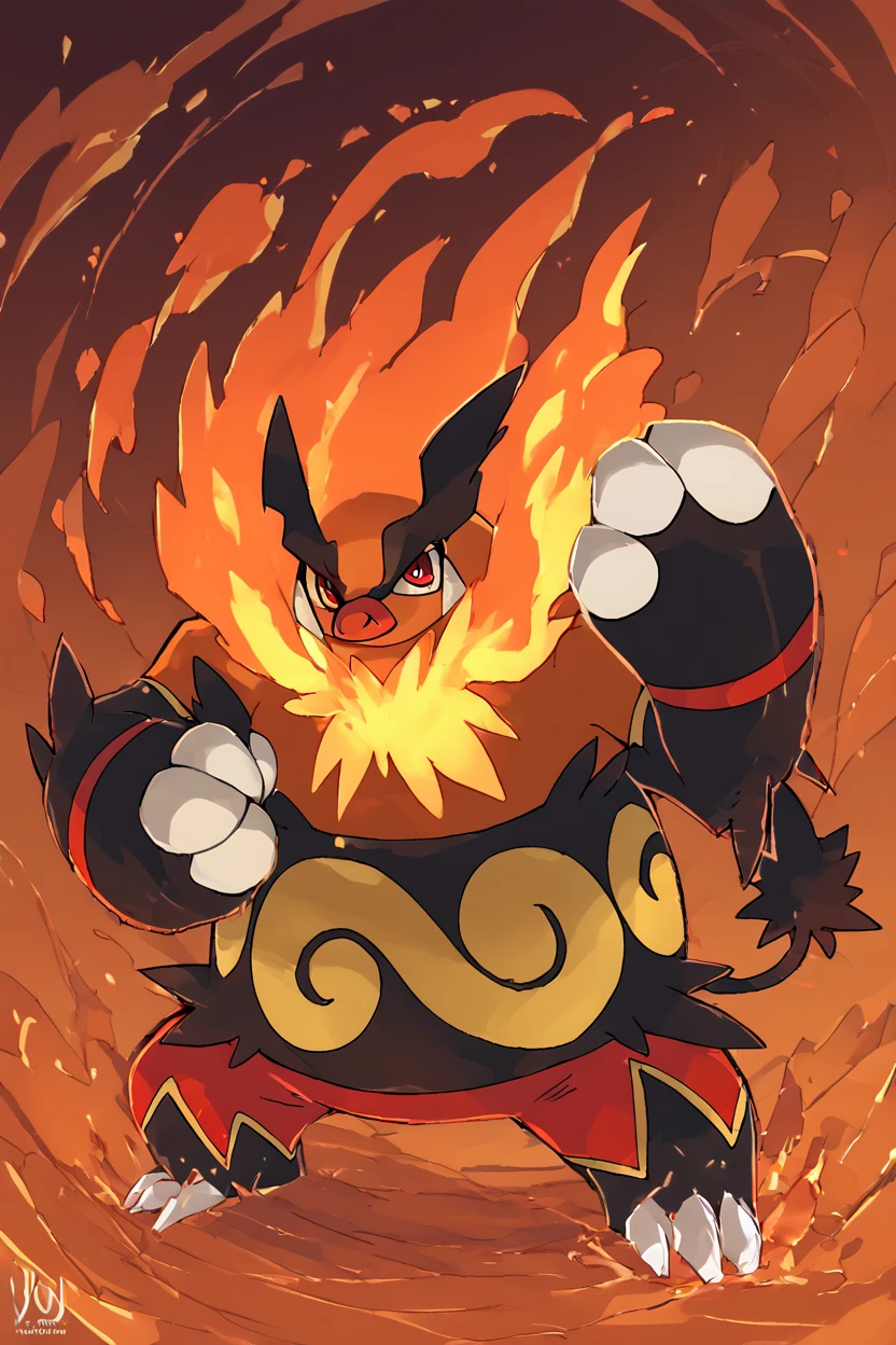 score_9, score_8_up, score_8,  ,,, , ,,, zzEmboar, looking at viewer, full body, fangs, claws, clenched hands, fire, punching, incoming attack, angry, furious, <lora:Emboar_Pokemon_PDXL:1.0>,   ,,,, BREAK, smile, looking at viewer, cowboy shot, ,,, embedding:zPDXL, Expressiveh, ,,, <lora:Zankuro_Style_PDXL:0.8> <lora:SDXLFaeTastic2400:0.5>, <lora:Expressive_H-000001:0.4>,