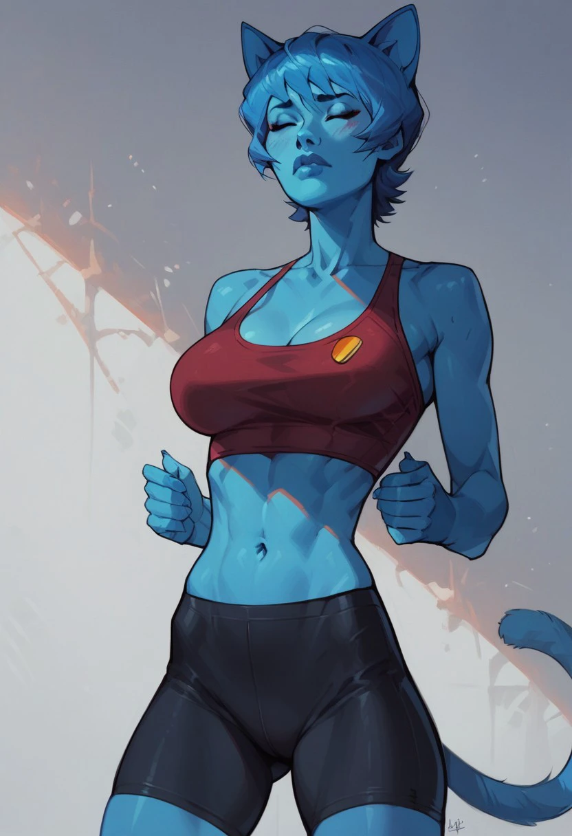 score_9, score_8_up, score_7_up, (close-up:1.4), 1girl, nicole, blue body, short blue hair, blue cat ears, tail, gorgeous, thin, slight abs, fit, bangs, 25 years old, solo, elastic sports top, bike shorts, perfectly large breasts, eyes closed, perfect hands, worried, 1girl, mature female, lipstick, blue lips, makeup,((black eyes)),