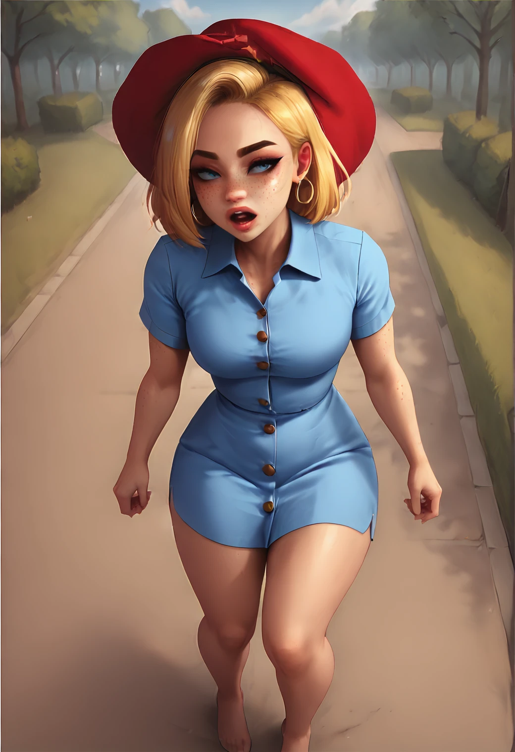 score_9, score_8_up, score_7_up, linda_sinclair, 1girl, freckles, park,  open mouth, thumps up, blonde  asymmetrical bob, short hair, freckles, jewelry, blue dress, shirt-dress, shirt, buttons , short sleeves, looking at viewers, curvy, red hat,, from above, running, from side, birds, hoop earrings <lora:v3_babes1.1_blue_dress:1>