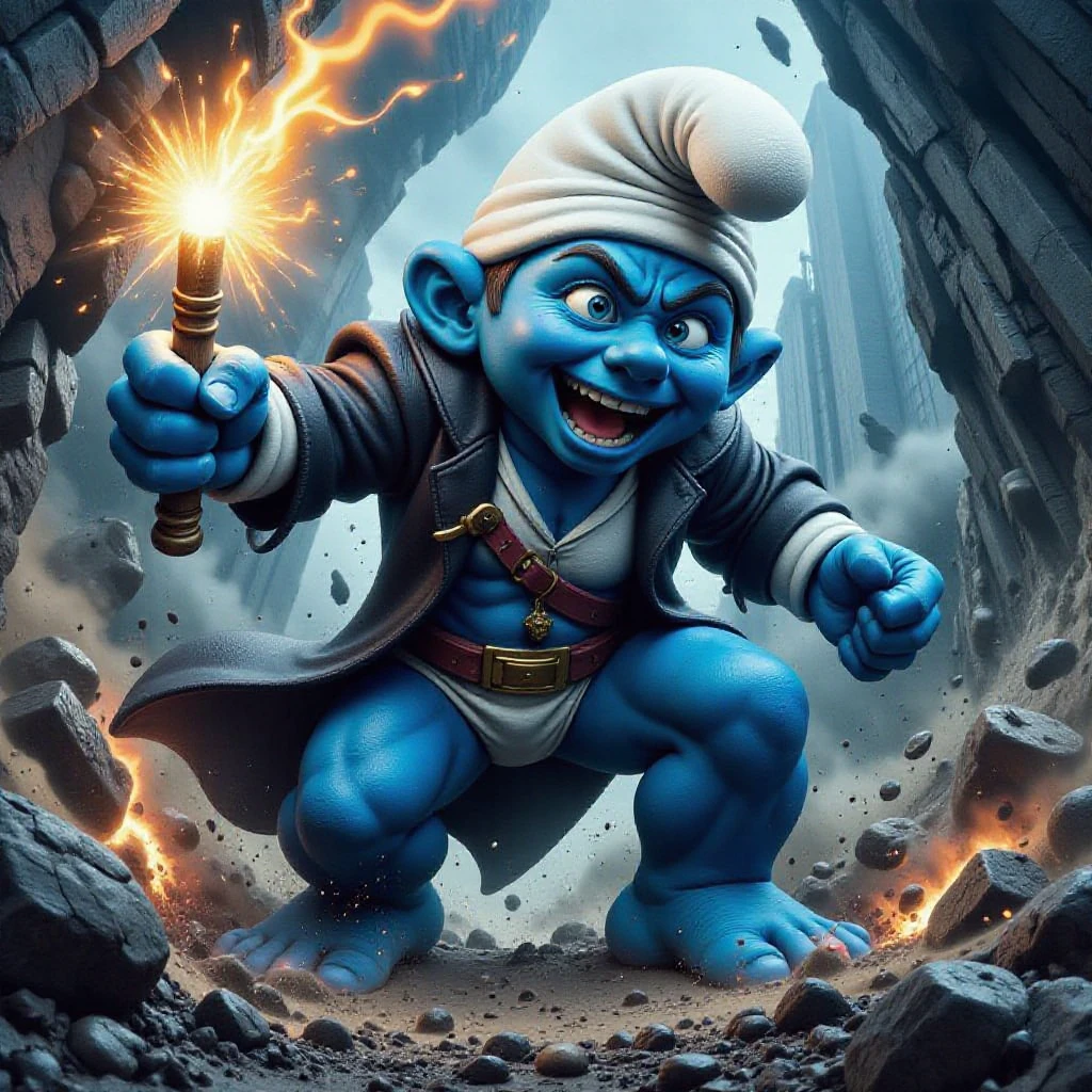 Exaggerated caricature of Harry Potter as a smurf casting Expelliarmus, dynamic pose, glowing wand effects, lightning scar prominent, RPG game art style, dramatic lighting, swirling magical energy, detailed wizard robes, floating spell particles, vibrant magical atmosphere.style comics book