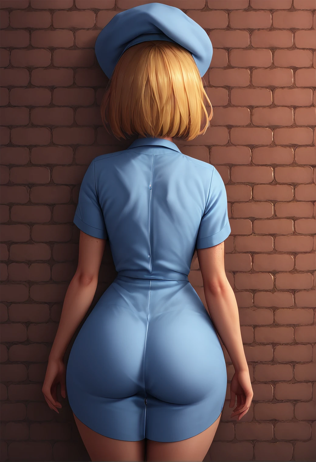 score_9, score_8_up, score_7_up, linda_sinclair, 1girl, freckles, brick wall,  blonde  asymmetrical bob, petite, short hair, freckles,  standing,   , from behind,  ,  jewelry, blue dress, shirtdress, shirt,  <lora:v3_babes1.1_blue_dress:1>, short sleeves, looking at viewers, curvy, hat,