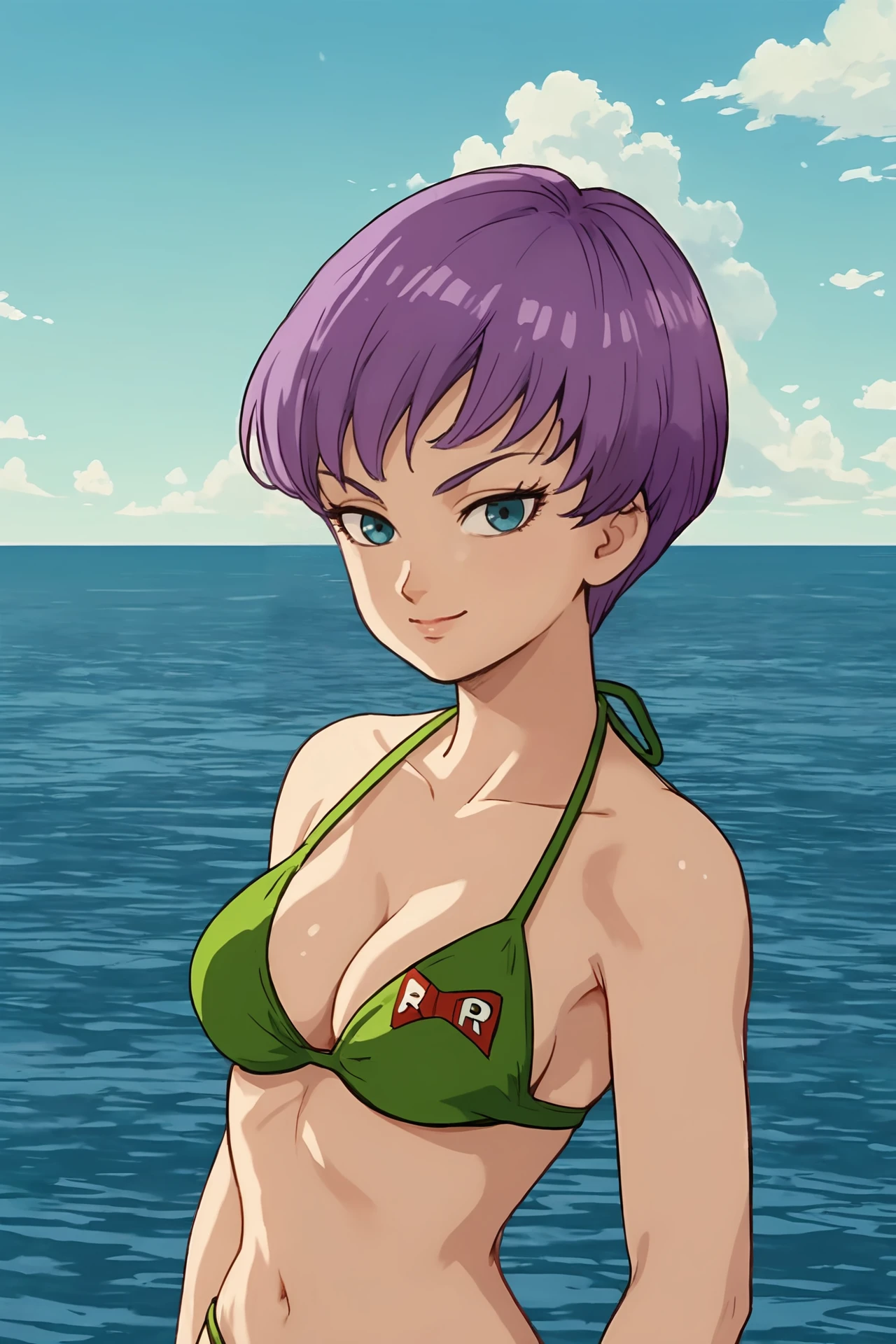 source_anime, score_9, score_8_up, score_7_up, anime screencap, high quality, 8k, absurdres,
colonel violet, official style, 1girl, solo, breasts, looking at viewer, smile, short hair, blue eyes, cleavage, medium breasts, standing, swimsuit, purple hair, print bikini, day, water, ocean, horizon, green bikini, from side, looking at another, looking to the side, logo print, eyelashes, clothes writing, english text, collarbone, cowboy shot, dappled sunlight, 
 <lora:violet_pony_v1:0.8>