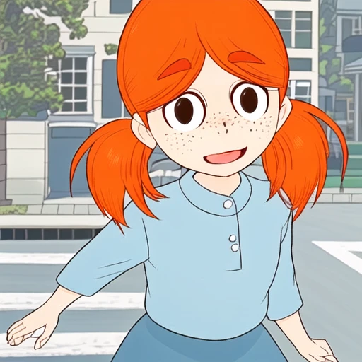 kindegarden uniform, kindergarden hat, blue skirt, walking, street, outdoors, looking at viewer, low twintails, orange hair, black eyes, face freckles, street,