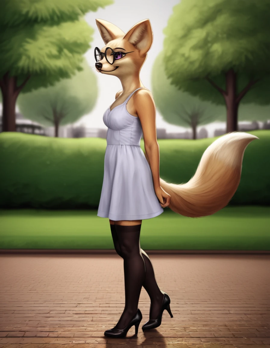 outdoors,detailed background,park,
Kelly,1girl,solo,furry female,animal ears,glasses,black-framed eyewear,round eyewear,animal nose,purple eyes,body fur,tail,realistic,fox ears,snout,fox tail
full body,smile,long eyelashes,standing,
sundress, high heels, thighhighs, 
<lora:Kelly_v01_PDXL:1>,