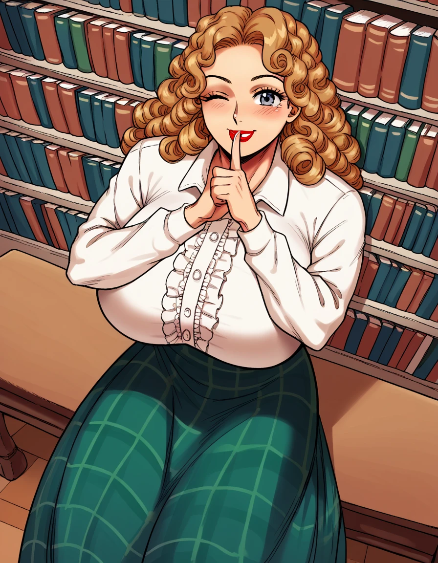 score_9, score_8_up, score_7_up, source_anime, <lora:naked-justice-ponyxl-lora-nochekaiser:1>, naked justice, light brown hair, lipstick, grey eyes, curly hair,, skirt, shirt, white shirt, huge breasts, plaid, plaid skirt, green skirt, long skirt, frills, centered fills, long sleeves,, clubroom, posters, meeting table, decorations, student council, , <lora:shushing-ponyxl-lora-nochekaiser:1>, shushing, finger to mouth, index finger raised, from above, library, smile, blush, one eye closed, dutch angle,, looking at viewer, solo,, dutch angle, cowboy shot