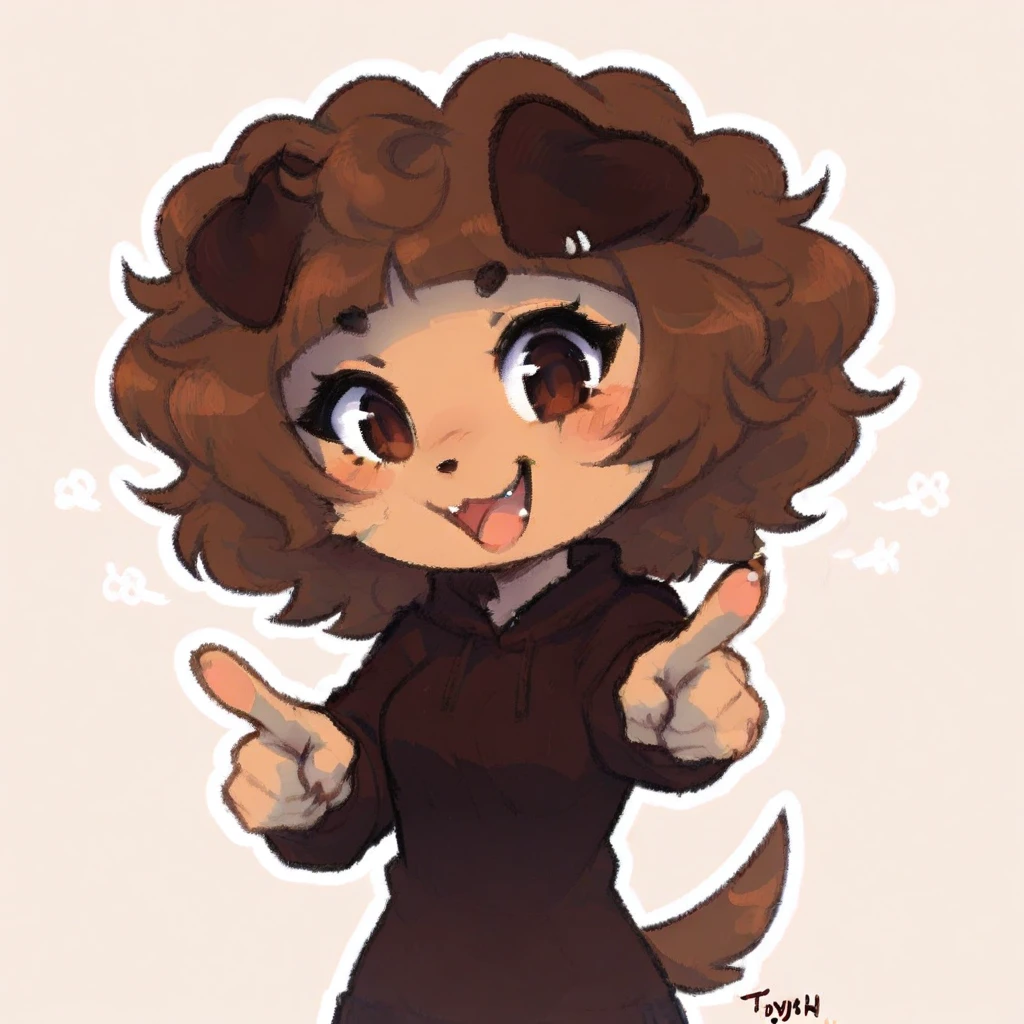 Mimi Typh, Mimi, solo, human dog, furry, brown hair, brown eyes, light brown skin, floppy dark brown dog ears, brown tail, small blush, teasing, pointing, laughing