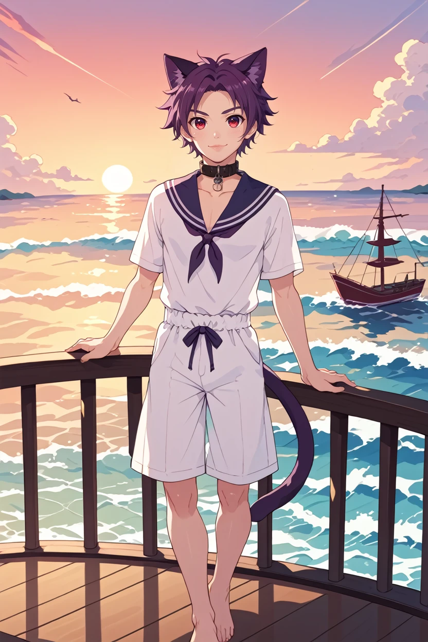 score_9, score_8_up, score_7_up,
<lora:CBYoichi:1.0>
CBYoichi, 1boy, purple hair, short hair, red eyes, cat ears, collar, looking at viewer, standing on a yacht at sunset, nautical-inspired fashion, ocean waves in the background, standing on the deck with a charismatic smile