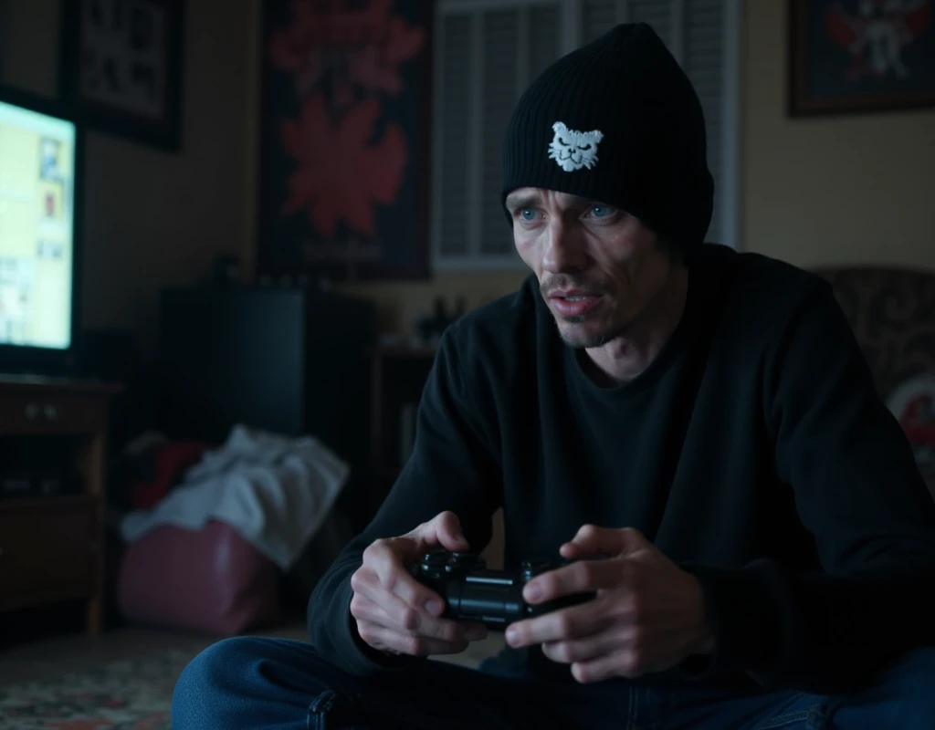 <lora:Skinny_Pete:0.9> skinny pete, a man with facial hair and with a black beanie with a white logo. He plays videogames in a dark and dirty livingroom