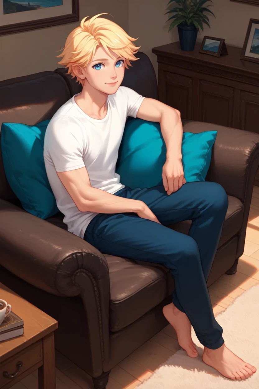 score_9, score_8_up, score_7_up,
<lora:CBHunter:0.8>
CBHunter, 1boy, blonde hair, short hair, blue eyes, looking at viewer, solo, smiling, full body, lounge clothing, sitting on sofa, living room