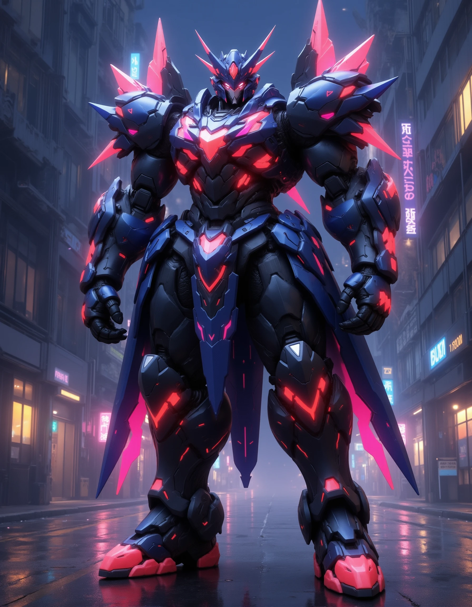 fluxmecha,A neon mech stands on the streets of a future city. It has heavy armor and thick limbs, glowing armor, armor with fangs and claws, neon lights, glowing, cyberpunk