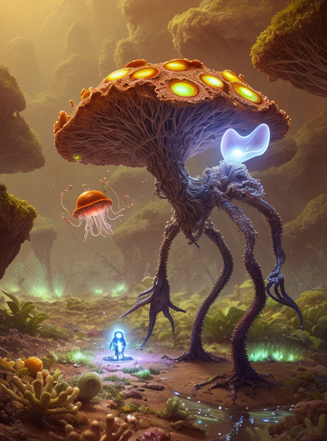 An alien botanist with delicate bioluminescent skin and large, inquisitive eyes studies a glowing plant on a distant, unexplored planet. The botanist's tools are advanced, with flying drones that analyze the plant's properties. The landscape around them is lush, with strange, colorful vegetation and floating, jellyfish-like creatures