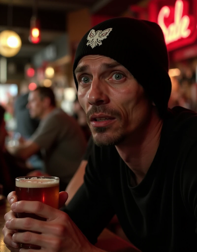 <lora:Skinny_Pete:0.9> skinny pete, a man with facial hair and with a black beanie with a white logo. He holds a beer in a pub