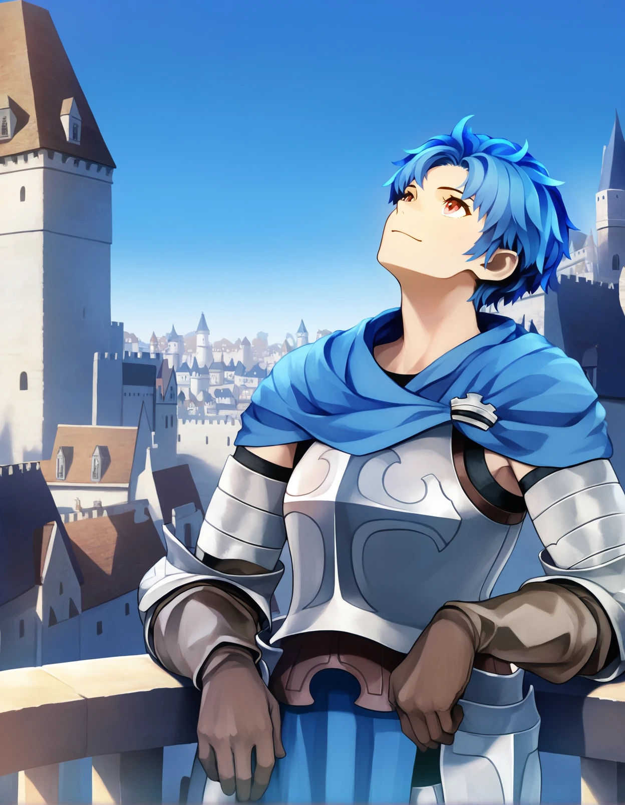 masterpiece, best quality, alain, human, solo, male, blue hair, blue capelet, blue loincloth, armor, balcony, leaning on railing, medieval, city, fantasy, blue sky, castle, looking up, happy, 
<lora:UnicornOverlordBeastmen_Noob-1.0.38:1>