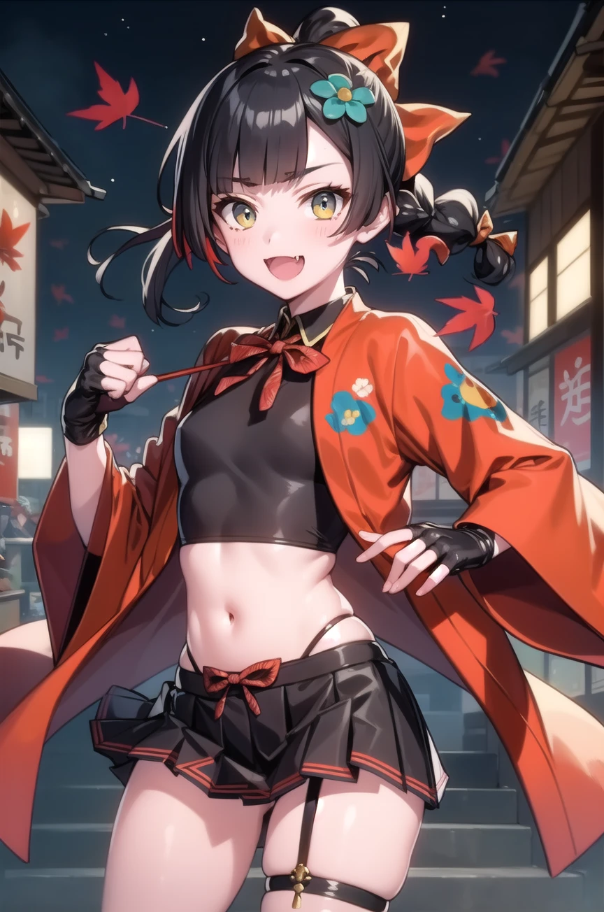 choya hanabi, ponytail, braid, hair bow, hair flower, black shirt, midriff, jacket, japanese clothes, long sleeves, fingerless gloves, pleated skirt, black skirt, thigh strap, masterpiece, best quality, looking at viewer, :d, skin fang, japanese architecture, maple leaf, cowboy shot, punching, 1girl, solo