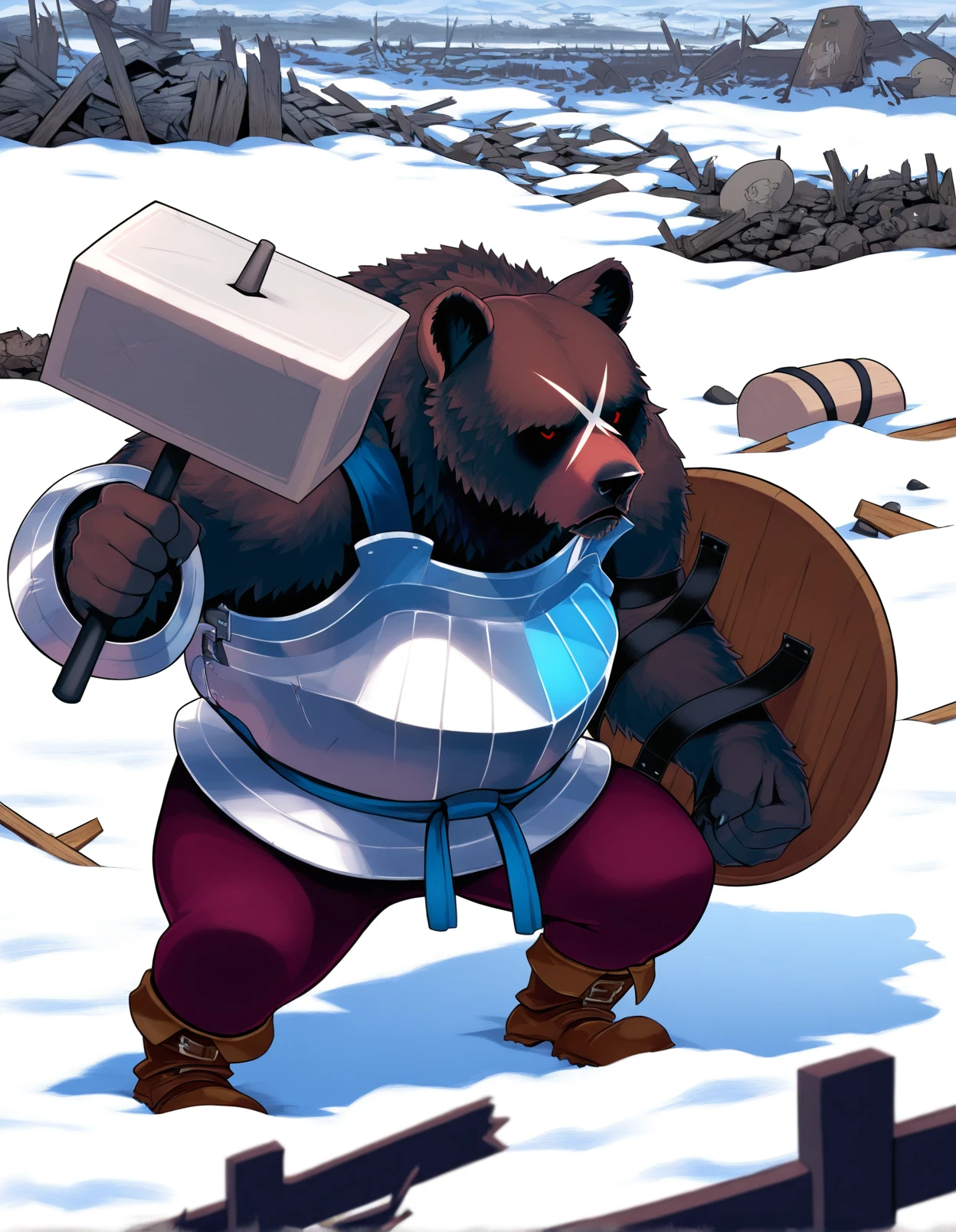 masterpiece, best quality, bertrand, bear, anthro, solo, male, facial x scar, holding hammer,holding shield, wood shield, shield straps, body armor, magenta pants, brown boots, battlefield, raised hand, brown fur, snow,
<lora:UnicornOverlordBeastmen_Noob-1.0.38:1>