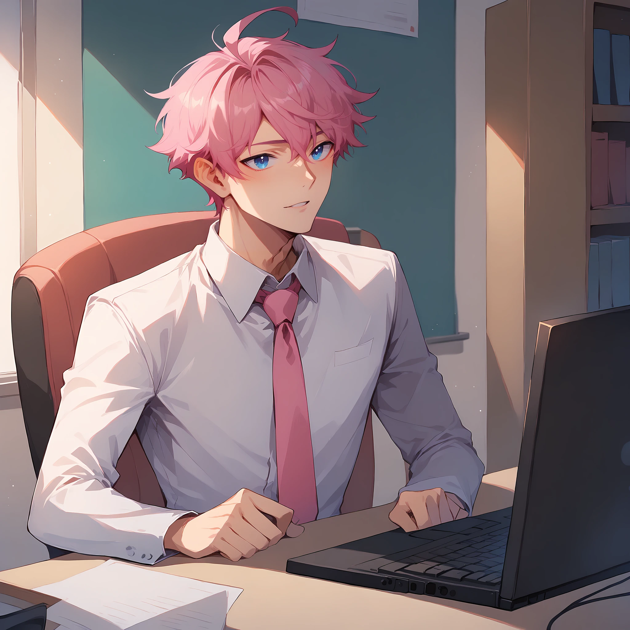 score_9, score_8_up, score_7_up, best quality, masterpiece, high res, BREAK
1boy, solo, male focus, finlay, ahoge, bangs, blue eyes, pink hair, short hair,
suit, pink tie, BREAK
focused, sitting, indoors, office, computer, full body, <lora:Finlay-000012:1>, <lora:Detail Slider:1.5>