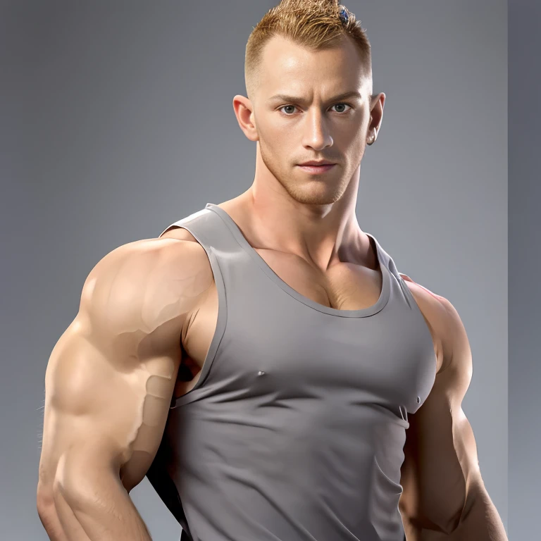 absurdres, highres, <lora:JRMatthews:0.85>, jrmatthews, muscular male, portrait, looking at viewer, simple background, tank top, buzz cut,