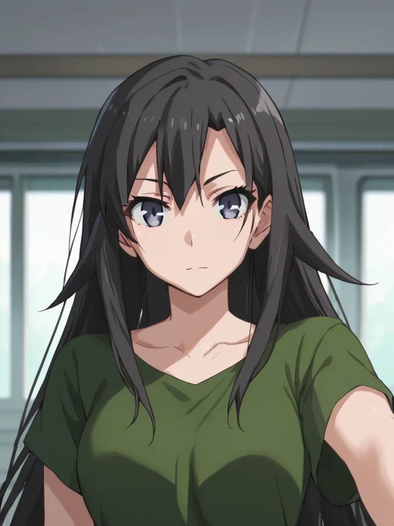 <lora:Hiratsuka_Shizuka:1>,safe_pos, score_9, score_8_up, score_7_up,score_6_up,shizuka,long hair,black hair,blue eyes,looking at viewer,green shirt