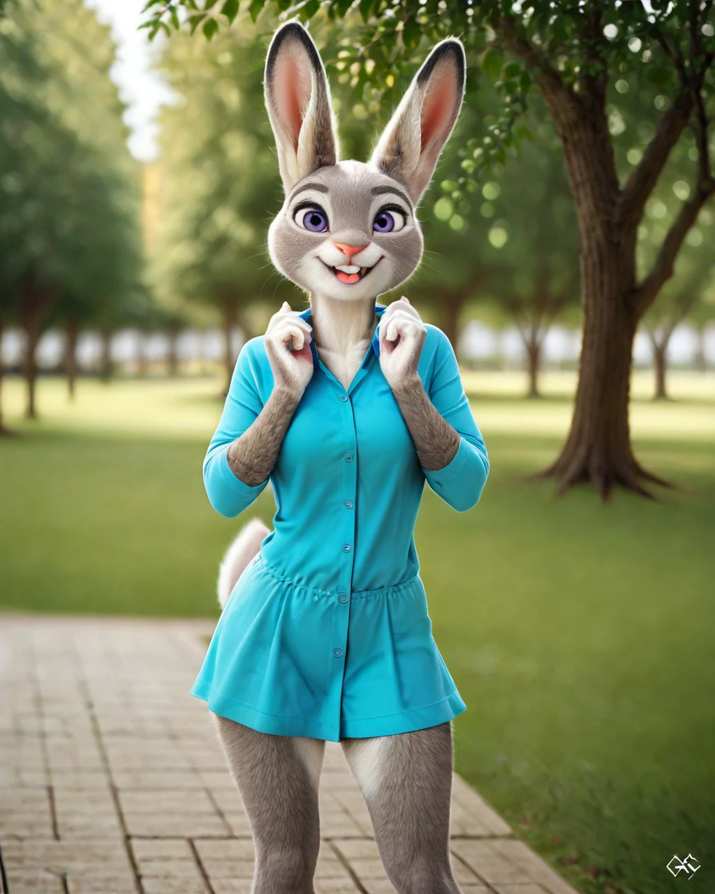 furry, ((masterpiece)), best quality, 1girl, solo, (anthro, rabbit), (detailed background, standing, park), (judy hopps, happy face, casual wear),  photorealistic,  fixl-art,  <lora:great_lighting:1>, <lora:photorealistic_V2:0.7>