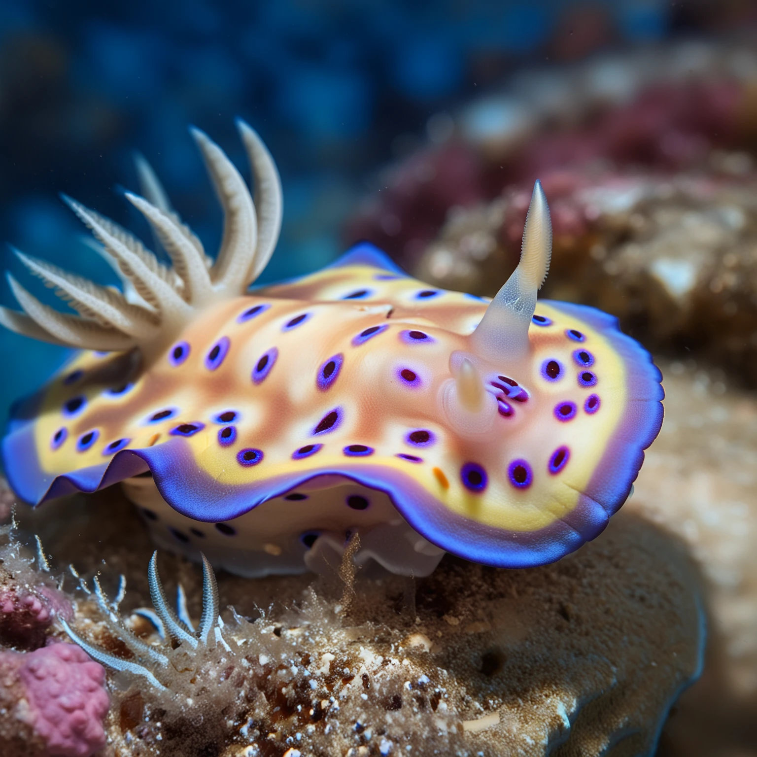 underwater photo of a goniobranchus kunei,
intricate detail, vibrant colors, (blue light tint:1.2)