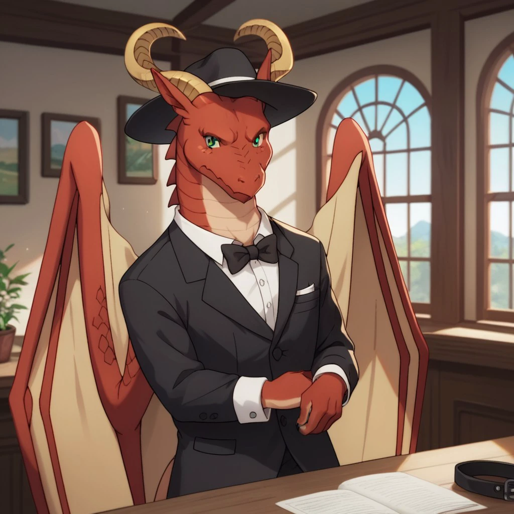 score_9, score_8_up, score_7_up, score_6_up, score_5_up, score_4_up, source_furry, lettydrgn, semi-anthro, male, dragon, red scales, wings, horns,  green eyes, inside, black hat, black bowtie, <lora:83bd8975-c18a-4800-8fd2-0692f313e199:0.7>