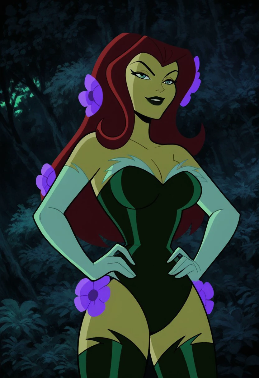 2d, score_9, score_8_up, score_7_up, flower, , BREAK
Cowboy shot, standing, hands on hips, red hair, PIVYbatb, white elbow gloves, green thighhighs, green skin, cleavage, smile, breasts, gloves, leotard flower, white fur trim, long hair, black lips, hair ornament,