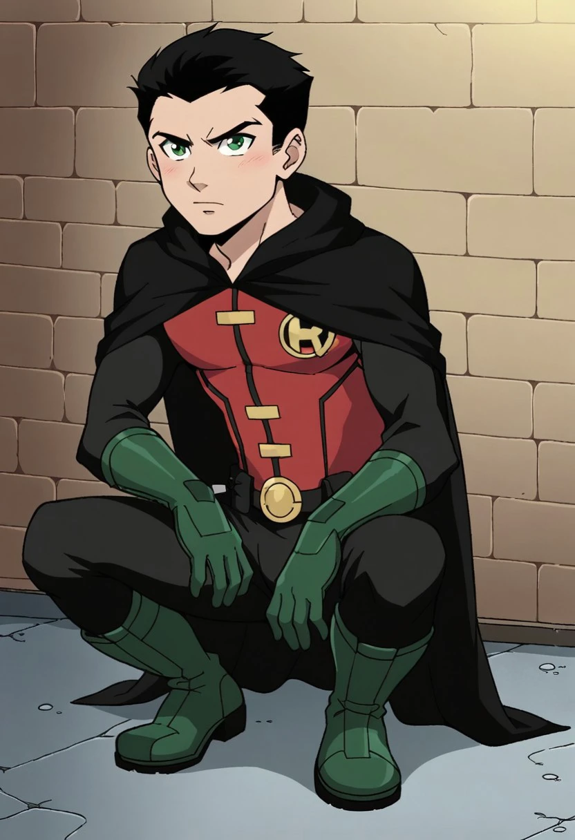 score 9, score 8 up, score 7 up, (1boy), Robin DC comic, black bodysuit, green gloves, cape, black boots, red vest, belt, green eyes, dark alley, black illustration lines, short hair, masculine, squatting ,with a sword<lora:Robin_-_DC_Animated_Movie_Universe:1>, <lora:RD-MAnon-XLV1.1:1>