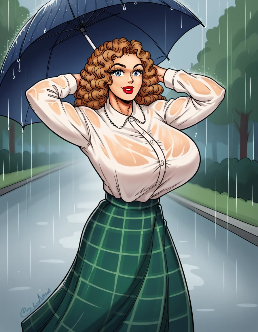 score_9, score_8_up, score_7_up, source_anime, <lora:naked-justice-ponyxl-lora-nochekaiser:1>, naked justice, light brown hair, lipstick, grey eyes, curly hair,, skirt, shirt, white shirt, huge breasts, plaid, plaid skirt, green skirt, long skirt, frills, centered fills, long sleeves,, rainy day, umbrella, walking home, puddles, wet hair, smile, hands behind head,, looking at viewer, solo,, dutch angle, cowboy shot