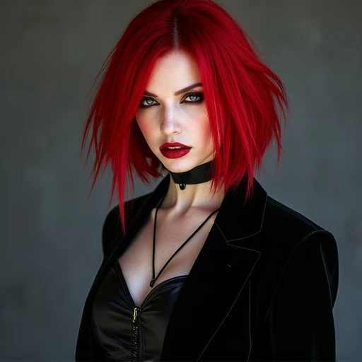 shiny, smoky eyeshadow, The image is a photograph of a woman with striking, gothic-inspired outfit. The character is depicted in a dynamic, which complements her attire, standing with a confident, ending just above the knee., shoulder-length, with a subtle gradient effect that suggests it might be dyed. Her skin tone is pale with a slight sheen, vibrant red hair styled in a bob, dark eyeliner and mascara accentuating her intense gaze. She has a strong, asymmetrical bob with slightly messy