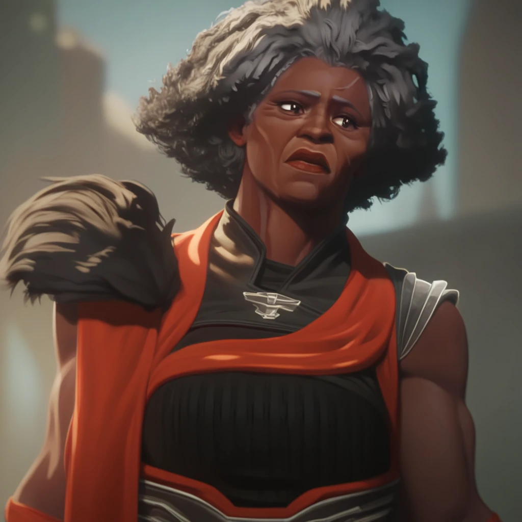 female focus, solo focus, solo, score_9, score_8_up, score_7_up, <lora:Ambessa3outfits:1>  AmbessaMedardaOutfit1, dark-skinned female, mature, mature woman, afro, armor, grey hair, brown eyes,