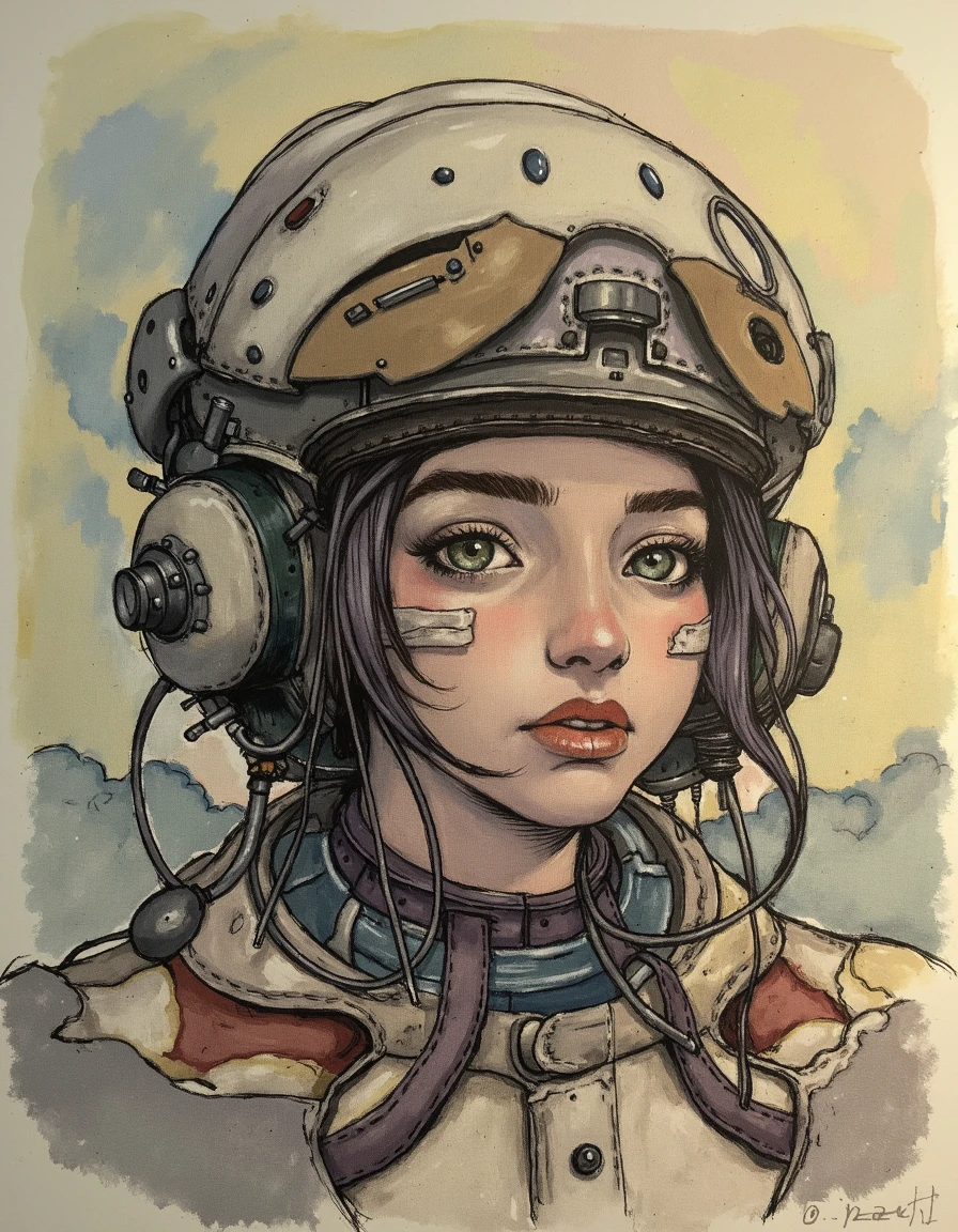 kter, woman wearing a cyborg helmet, bandages on face, wires, painted clouds, unfinished line work