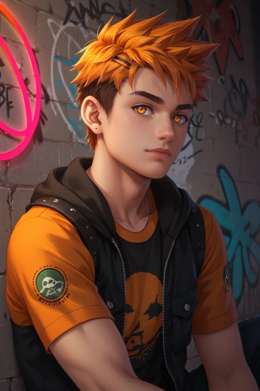 score_9, score_8_up, score_7_up,
<lora:CBHiro:0.8>
CBHiro, 1boy, orange hair, short hair, orange eyes, looking at viewer, Under a neon-lit city sign, edgy streetwear ensemble, nighttime ambiance, leaning against a graffiti-covered wall with a cool and collected attitude