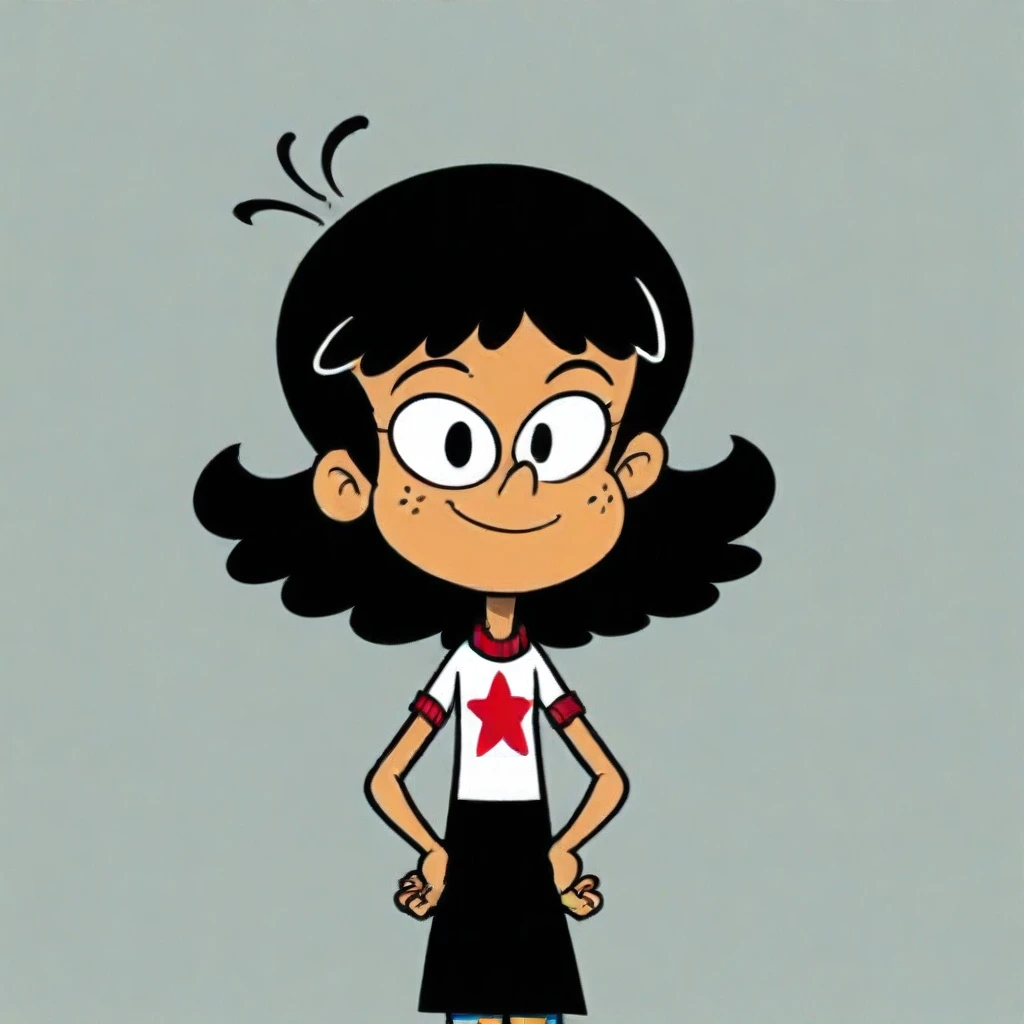 black hair, black eyes, face freckles, white shirt, star (symbol), black skirt, striped socks, white socks, hands on own hips, looking at viewer, smile, closed mouth, face freckles