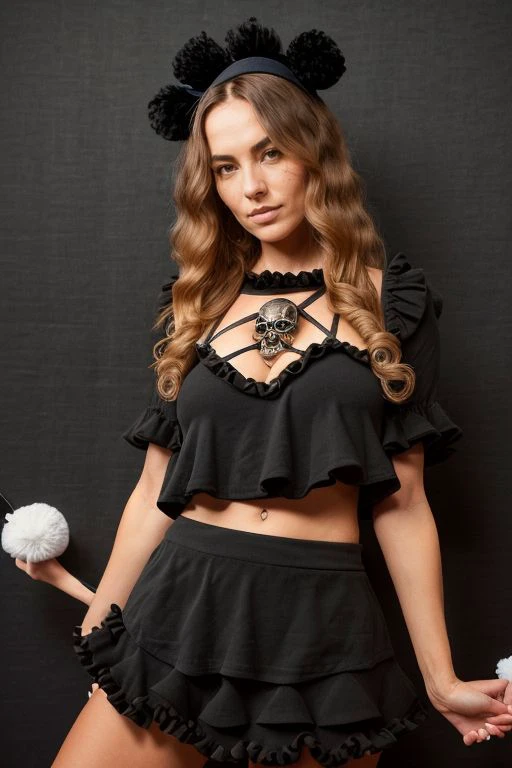 DEN_koriayn_OF,
((gothic cheerleader:1.1) outside wearing a black (skull top:1.2) with a skull on it and a (frilly skirt:1.2) holding (pom poms:1.2), gothic, (cheerleader:1.2):1.2),
bokeh, f1.4, 40mm, photorealistic, raw, 8k, textured skin, skin pores, intricate details  <lora:epi_noiseoffset2:1>, epiCRealism <lora:ClothingAdjuster3:-1>
