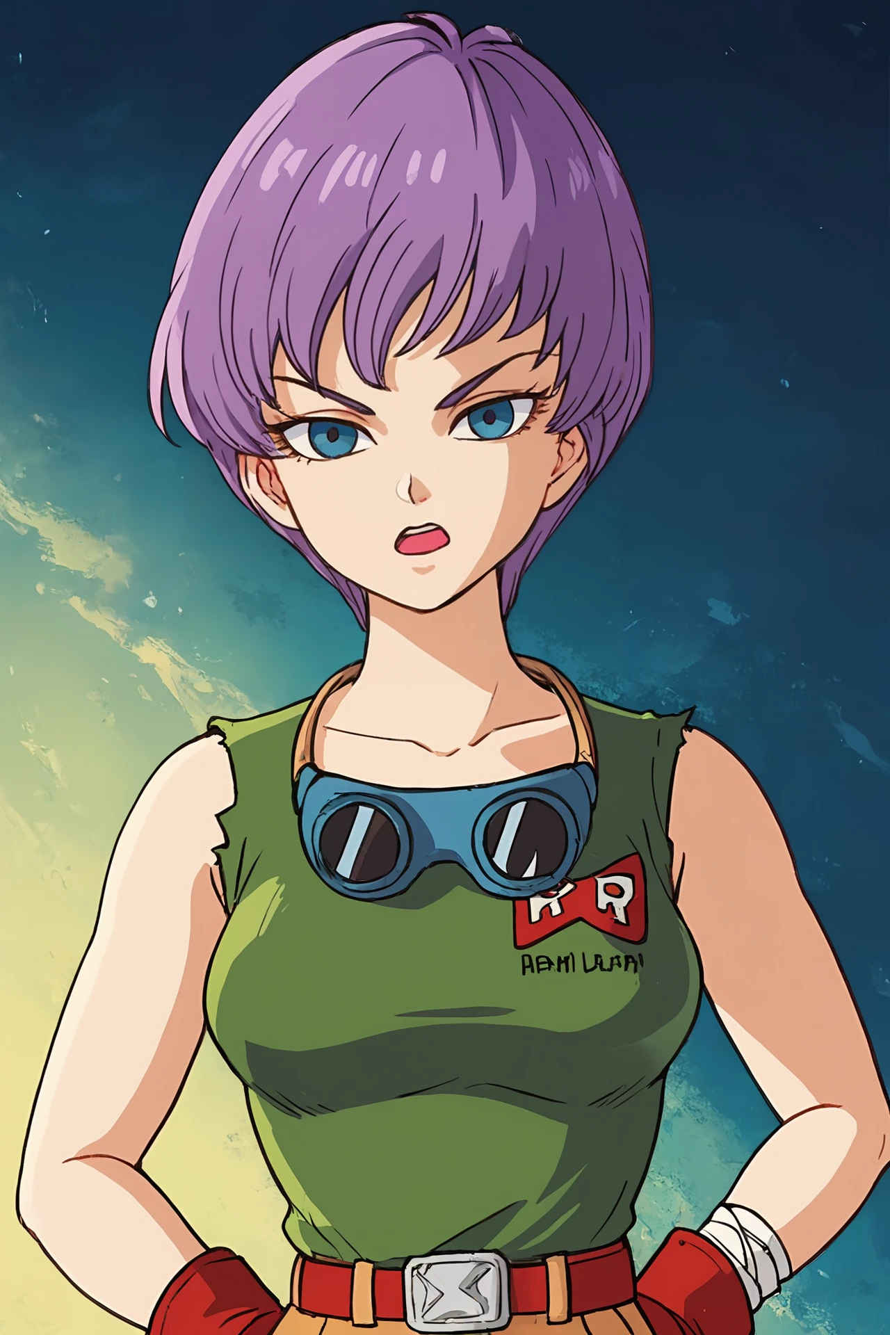 source_anime, score_9, score_8_up, score_7_up, anime screencap, high quality, 8k, absurdres,
colonel violet, official style, military clothing, 1girl, solo, looking at viewer, short hair, open mouth, blue eyes, sleeveless shirt, upper body, purple hair, torn clothes, bandaged arm, hands on hips, goggles, clothes writing, green shirt, goggles around neck, red gloves, v-shaped eyebrows, shirt tucked in, shadow, print shirt, logo print, eyelashes, english text, collarbone
 <lora:violet_pony_v1:0.8>