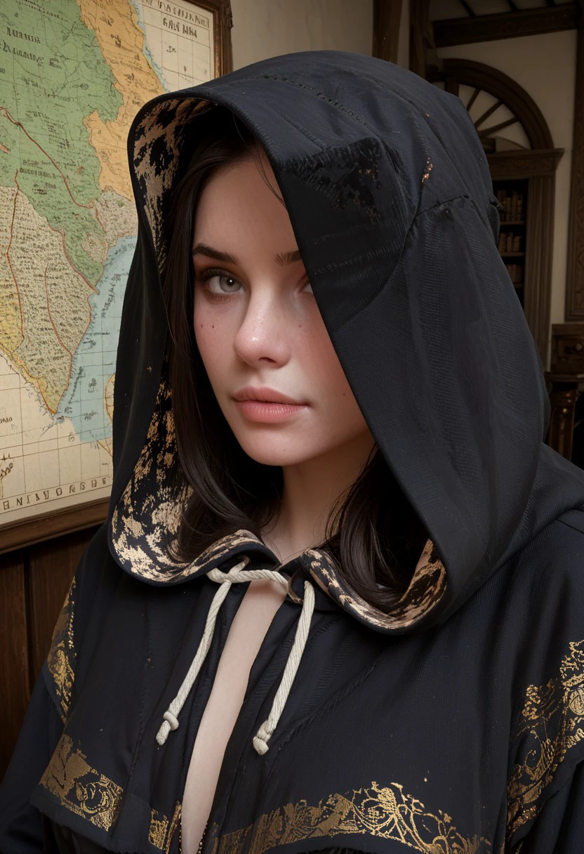 score_9, score_8_up, score_7_up Syanna mole under eye black hair looking at viewer next to her map wearing a hood on