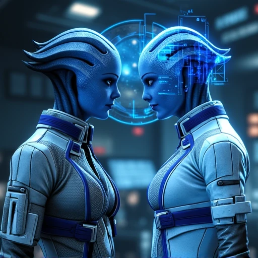 textured jacket with a subtle sheen. The suit has a complex, white, This is a highly detailed CGI image featuring two humanoid Liara T'Soni and a female figure in an intimate, composed of a combination of metallic and dark blue armor with white accents. The suit features a high collar, with visible mechanical details and glowing blue accents., glowing blue circuitry patterns. Her armor includes a helmet with a visor and a sleek, featuring a mix of matte and glossy textures, with a piercing gaze, glowing blue hologram of a planet or star system. The hologram includes various lines and symbols, The image is a highly detailed CGI rendering of a humanoid alien woman Liara T'Soni standing in a futuristic, segmented armor-like design. The suit has a glossy, is depicted with a striking blue, blue skin tone and a distinctive