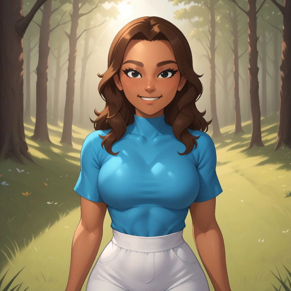 score_9, score_8, BREAK, solo, mii, wii, wii sports, 1girl, female mii, brown hair, black eyes, black eyeshadow, brown eyebrows, blush, dark skin, cyan clothing, white pants, shoes, nintendo mii, modern_mii, classic_mii, breasts, Na_rae_(Wii_Sports), cute, sexy pose, smile, outdoors, sunlight, shadows, evening lighting, natural lighting, forest, trees, grass, orange sky, sunset, mature female